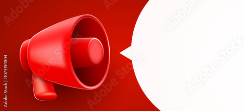 3d megaphone speaker or loudspeaker bullhorn for announce promotion with message bubble. Megaphone 3d mockup.