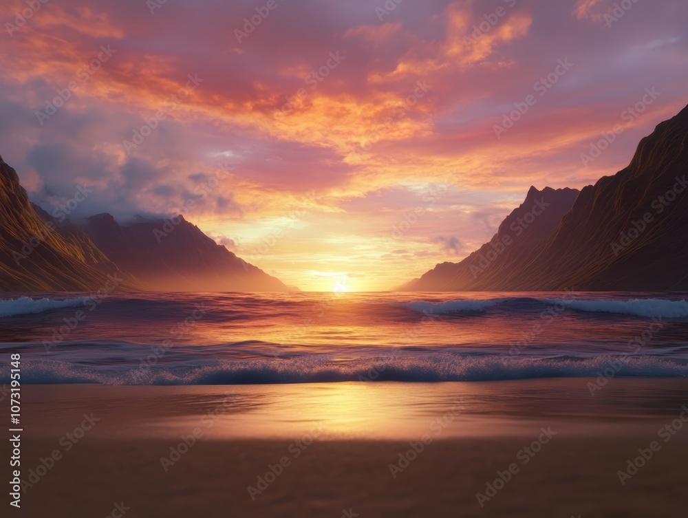 A stunning seaside sunset reflects on the calm waves, framed by majestic mountains, This serene image is ideal for travel blogs, relaxation themes, or nature conservation projects, A stunning seaside sunset reflects on the calm waves, framed by majestic mountains, This serene image is ideal for travel blogs, relaxation themes, or nature conservation projects,