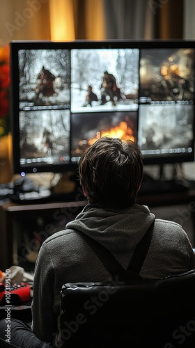 A man is sitting in front of a television that is displaying a video game. The man is wearing a gray hoodie and is looking at the screen intently. The television is displaying multiple images