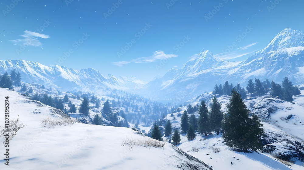 Snow-Covered Mountain Range with a Forest of Evergreen Trees Snow-Covered Mountain Range with a Forest of Evergreen Trees