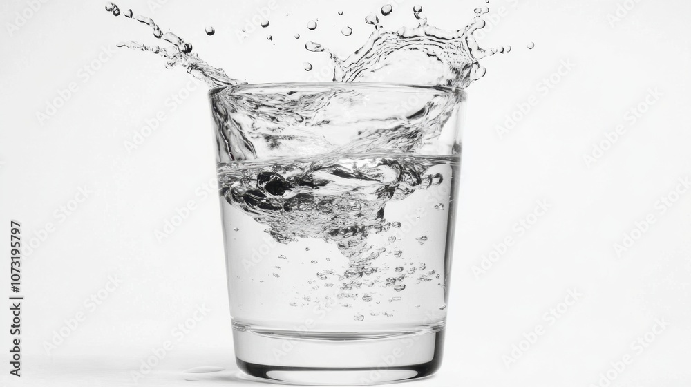 Clear water splashing upward from a glass, each droplet isolated in detail on white background Clear water splashing upward from a glass, each droplet isolated in detail on white background