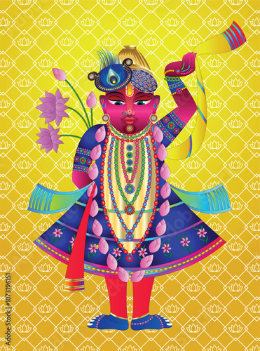 Shrinathji, Jagannath, or Lord Krishna with cows, in Indian folk painting Pichwai style	
