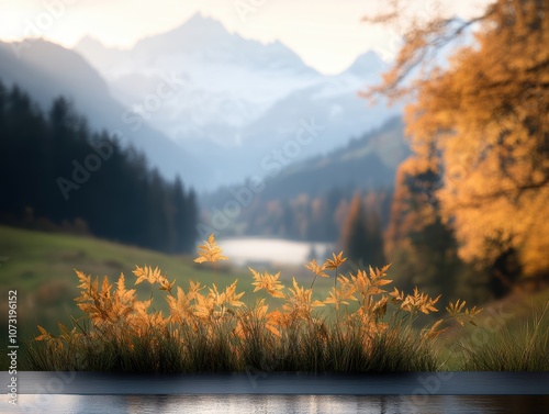 A serene mountain landscape featuring vibrant autumn foliage in the foreground and majestic peaks in the background, ideal for use in travel blogs, environmental campaigns, or seasonal promotions, photo