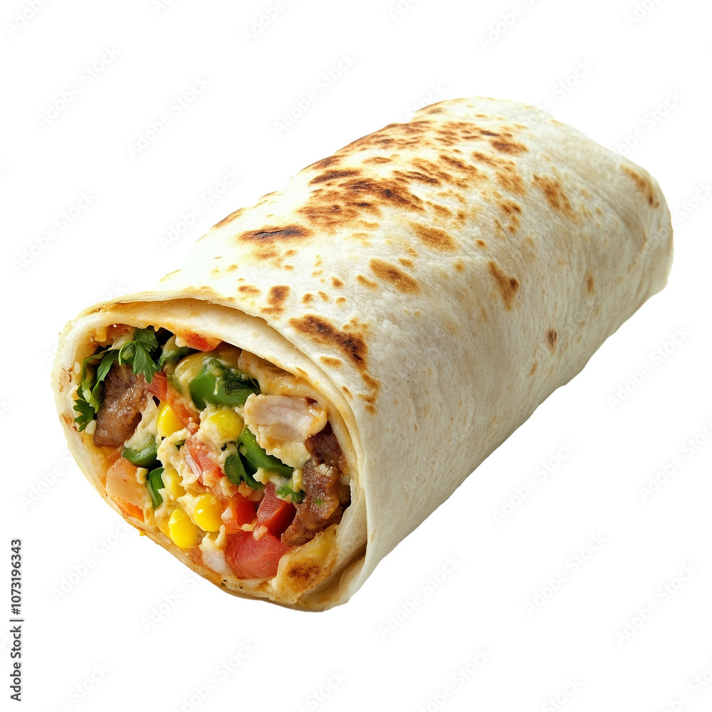 Delicious burrito filled with fresh vegetables and protein on a clean white background showcasing its appetizing appearance Delicious burrito filled with fresh vegetables and protein on a clean white background showcasing its appetizing appearance