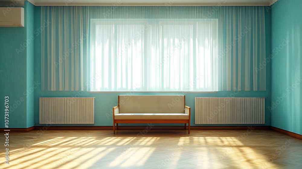 Fototapeta premium Brightly lit room showcases minimalist design with large windows and elegant flooring