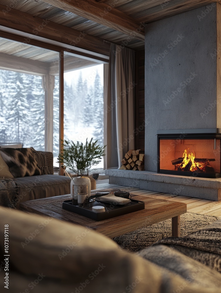 Fototapeta premium Cozy Cabin Living Room with Fireplace and Snowy View