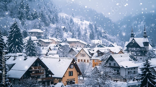 Snow-Covered Village Nestled Among Snowy Mountains