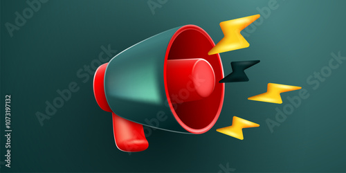 3d megaphone speaker or loudspeaker bullhorn for announce promotion with with lightning. Megaphone 3d mockup.