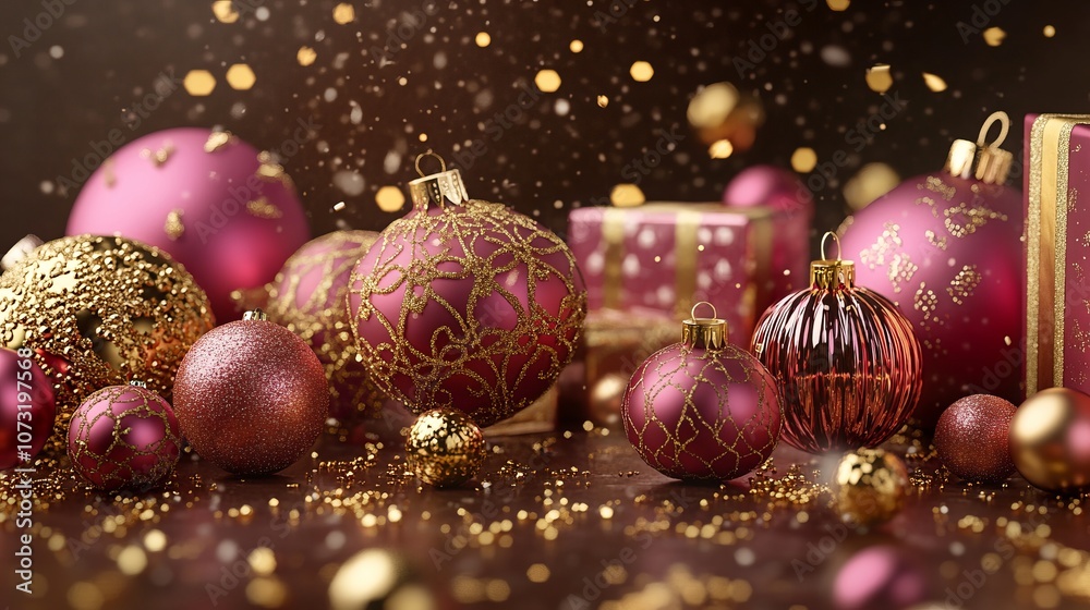 A collection of pink and gold ornaments, including patterned balls and gifts with golden accents, arranged on a dark brown background. Luxurious and elegant mood, highlighted with soft lighting. A collection of pink and gold ornaments, including patterned balls and gifts with golden accents, arranged on a dark brown background. Luxurious and elegant mood, highlighted with soft lighting.