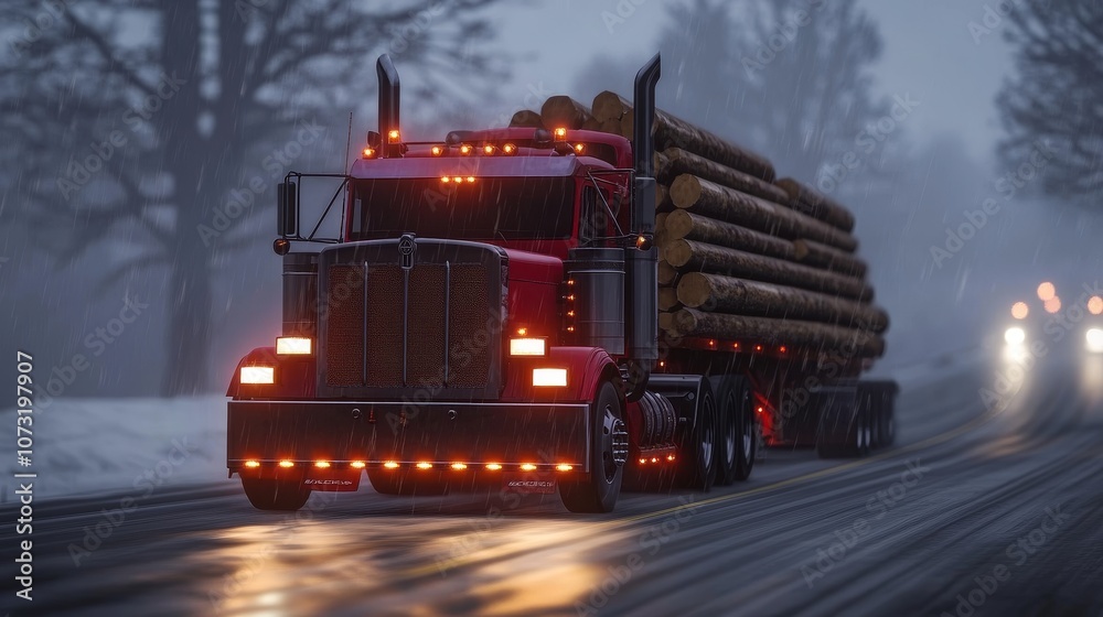 Red Semi Truck Hauling Timber on a Foggy Winter Highway, Transportation Industry Scene.,