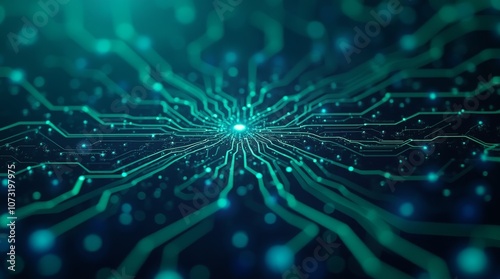 Teal circuit board design, abstract technology background with digital lines and glowing nodes