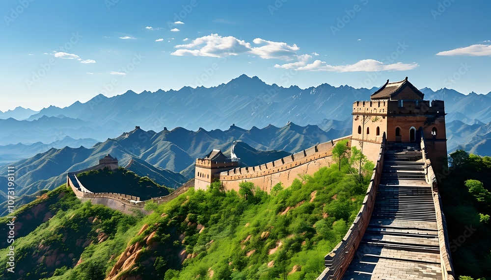 Fototapeta premium The Great Wall of China stretching across mountains under a clear sky.