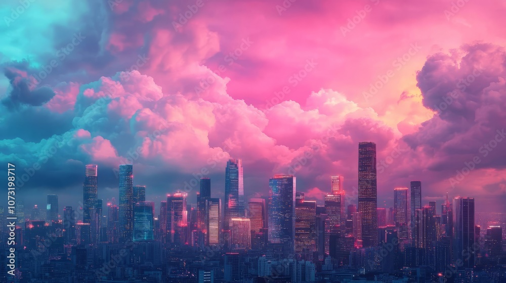 Fototapeta premium City skyline with skyscrapers glowing under artificial light, dramatic clouds, vibrant colors, night setting