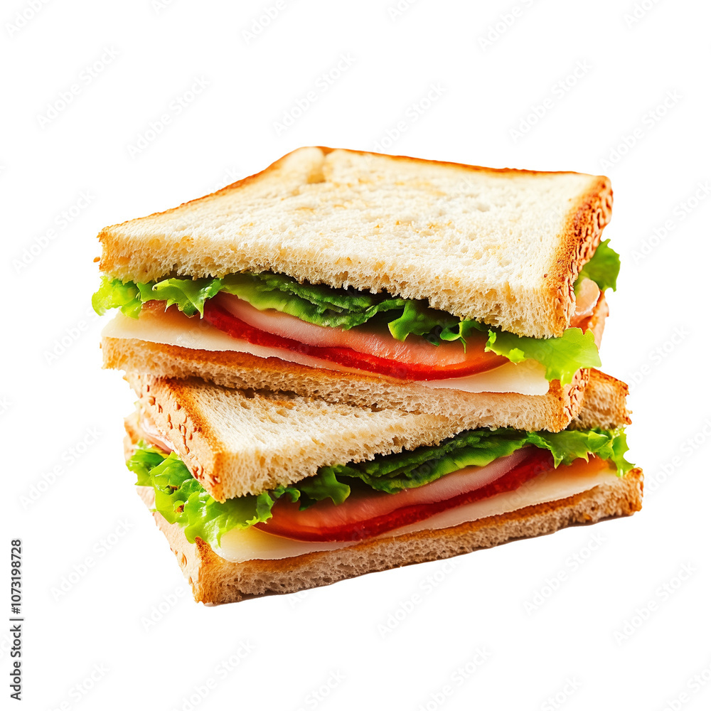 Freshly made sandwich with layers of tomato, lettuce, and turkey nestled between toasted bread on a plain white background