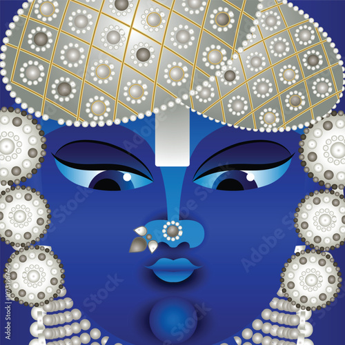 Shrinathji, Jagannath, or Lord Krishna with cows, in Indian folk painting Pichwai style	

