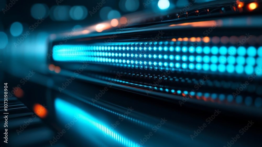 Close-up of a high-tech device illuminated by artificial blue light, sleek design, dramatic focus, futuristic technology concept Close-up of a high-tech device illuminated by artificial blue light, sleek design, dramatic focus, futuristic technology concept