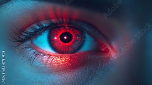 Close-up of human eyes reflecting intense artificial light, detailed textures, dramatic expression, high emotional impact