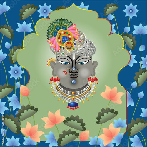 Shrinathji, Jagannath, or Lord Krishna with cows, in Indian folk painting Pichwai style	
