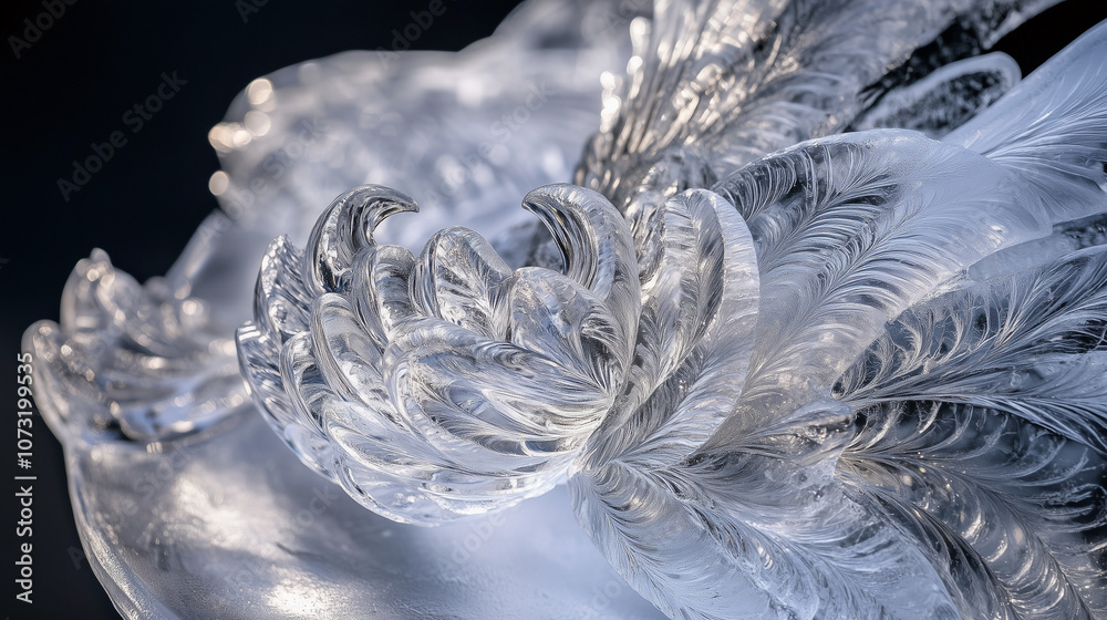 Intricate close-up of an ice sculpture showcasing delicate details and patterns illuminated in natural light Intricate close-up of an ice sculpture showcasing delicate details and patterns illuminated in natural light