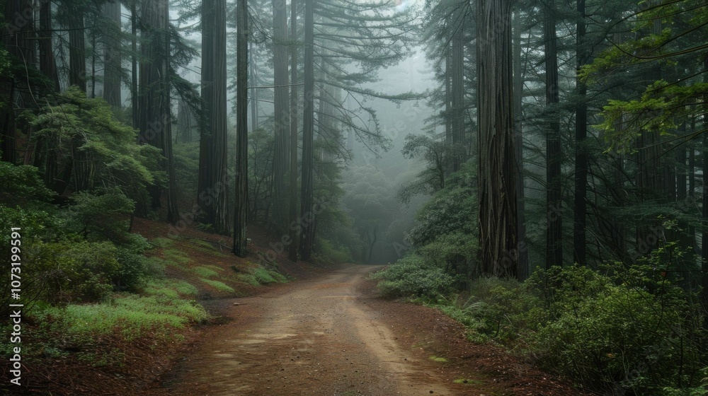Obraz premium serene forest path, foggy atmosphere, tall trees, tranquil nature scenery, earthy tones, peaceful surroundings, natural beauty, calming environment, picturesque woodland landscape