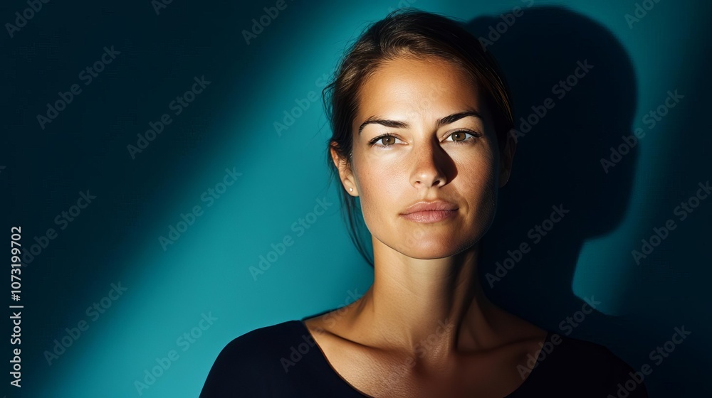 Dramatic portrait of a woman illuminated by a single harsh artificial light source, deep shadows, intense gaze, cinematic feel Dramatic portrait of a woman illuminated by a single harsh artificial light source, deep shadows, intense gaze, cinematic feel
