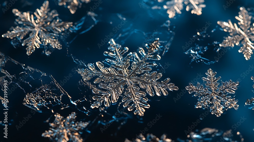 A Detailed Close-Up of a Glittering Snowflake Against a Dark Blue Background A Detailed Close-Up of a Glittering Snowflake Against a Dark Blue Background