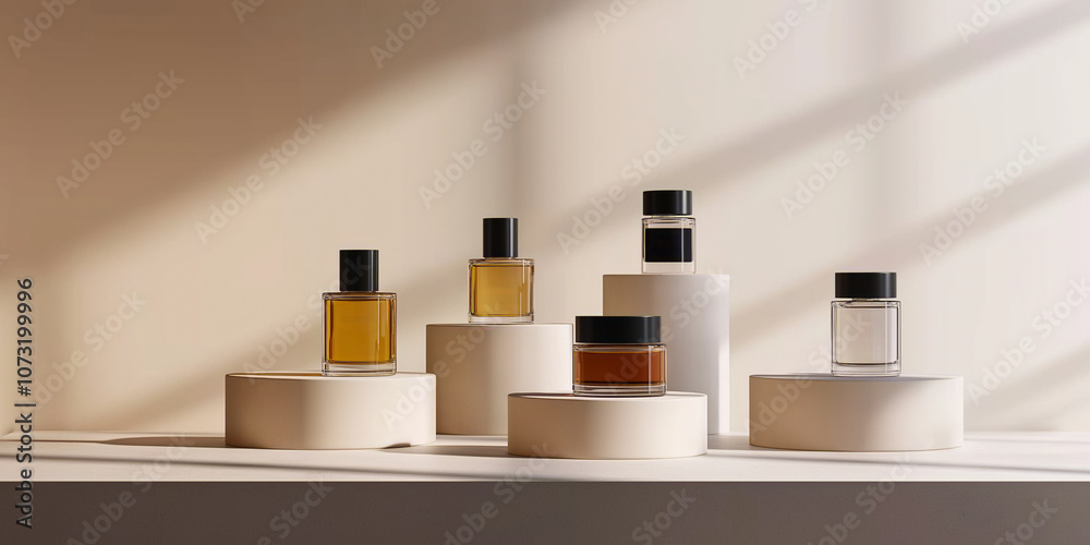 Sophisticated display of perfume bottles on rounded podiums with soft shadowing, providing a warm and minimalist aesthetic ideal for luxury beauty and fragrance product branding, featuring ample copy Sophisticated display of perfume bottles on rounded podiums with soft shadowing, providing a warm and minimalist aesthetic ideal for luxury beauty and fragrance product branding, featuring ample copy