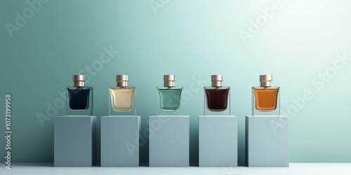 Elegant display of luxury perfume bottles on minimalist platforms with soft, pastel background, creating a refined and serene composition ideal for fragrance advertisements and high-end product brandi photo