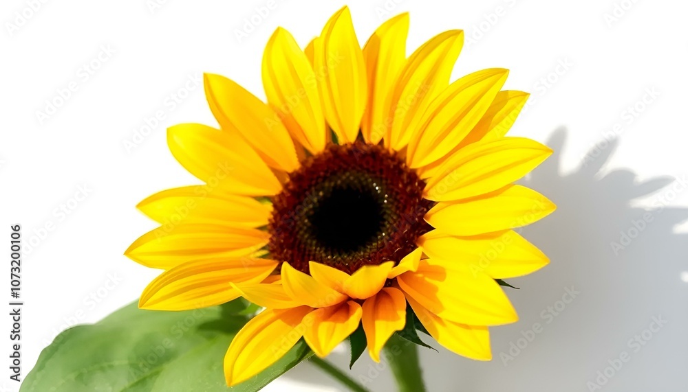 Fototapeta premium Bright sunflower with green leaves on a white background
