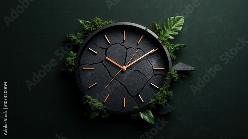 Wallpaper Mural Time cracks: artistic clock with greenery against dark background Torontodigital.ca