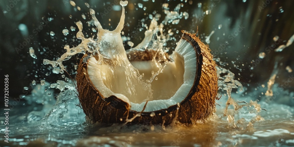 Coconut with water splashing Coconut with water splashing