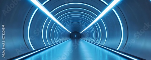 Futuristic tunnel illuminated by blue artificial light, strong perspective, sleek design, dramatic sci-fi feel