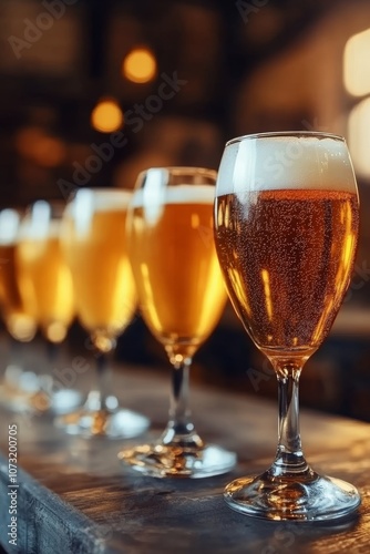 Row of Refreshing Draft Beer Glasses on a Wooden Bar, Blurred Bar Background and Warm Lighting