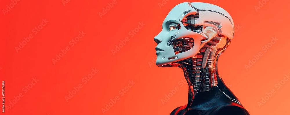 Portrait of a cybernetic figure lit by intense artificial light, high contrast, sci-fi aesthetic, intricate cyber details Portrait of a cybernetic figure lit by intense artificial light, high contrast, sci-fi aesthetic, intricate cyber details