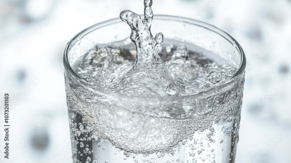 Close-up of water splashing high from a glass, frozen in motion, droplets scattering on a clean white background Close-up of water splashing high from a glass, frozen in motion, droplets scattering on a clean white background
