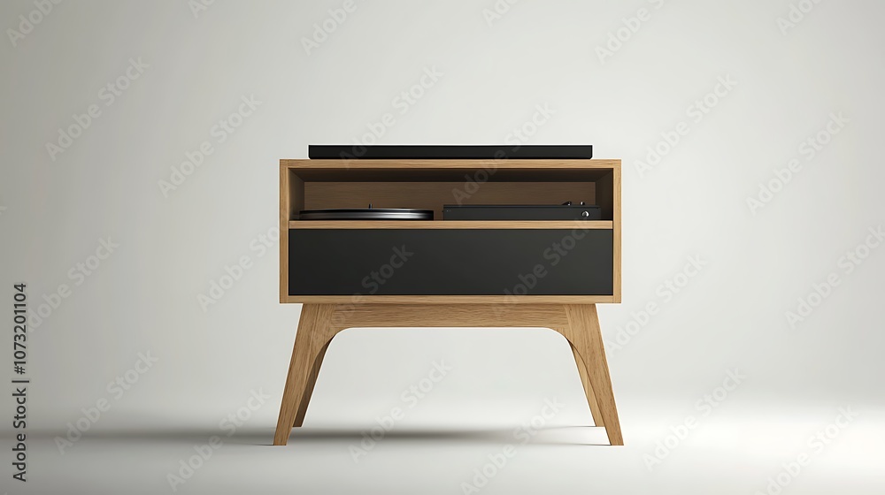 A wooden stand with a record player on top and a vinyl record inside, on a white background. A wooden stand with a record player on top and a vinyl record inside, on a white background.