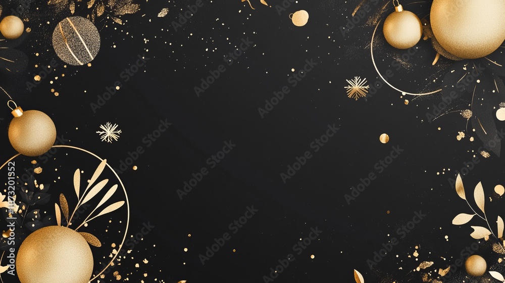 Fototapeta premium Elegant gold ornaments and spheres on a black backdrop, creating a luxurious and festive ambiance.