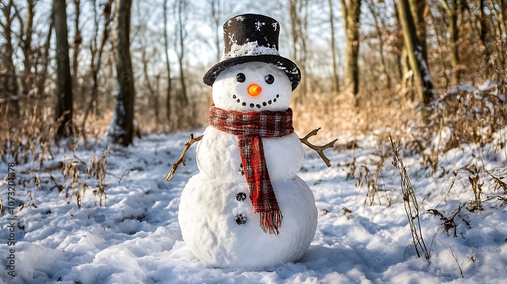 Obraz premium A Snowman Wearing a Black Top Hat and Red Scarf in a Snowy Forest