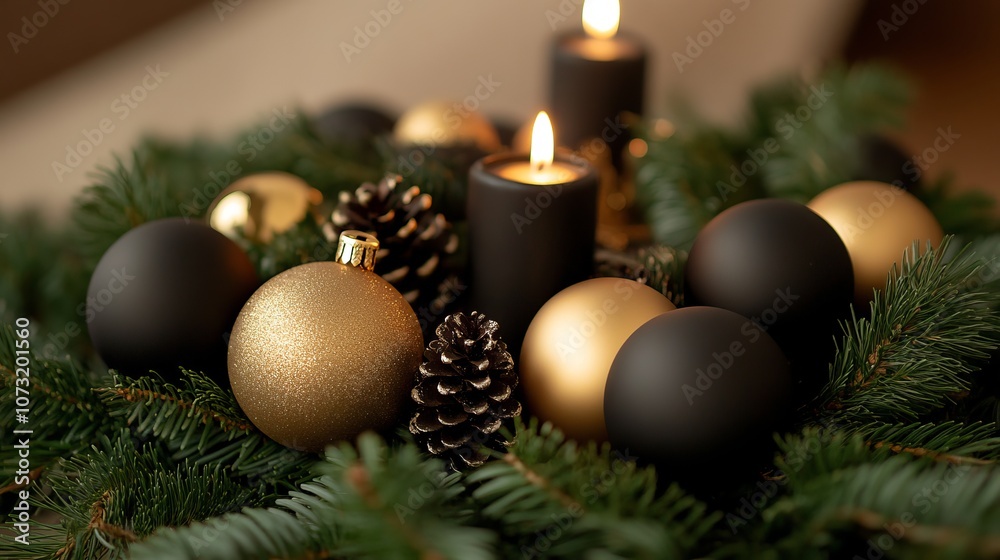 Christmas table centerpiece with black and gold ornaments, pine branches, greenery, and candles. Simple yet elegant holiday decoration for a festive table. Christmas table centerpiece with black and gold ornaments, pine branches, greenery, and candles. Simple yet elegant holiday decoration for a festive table.