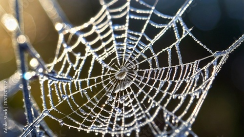 A realistic close-up of a frost-covered spider web glistening in the morning sunlight. The intricate web pattern is highlighted by tiny ice crystals, creating a delicate and beautiful winter scene.