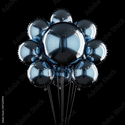 balloon arrangement, one large circular silver cloured balloon is surrounded by 6 smaller silver-blue rubber balloons, balloons are filled with helium, black background, generative ai photo