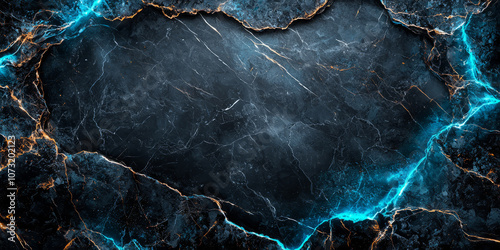 Dark grey marble with unexpected neon blue cracks. photo