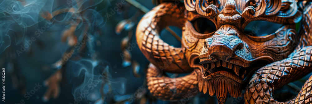 The wooden snake coiled around a decorative New Year's Eve mask with a festive, mysterious vibe. The wooden snake coiled around a decorative New Year's Eve mask with a festive, mysterious vibe.