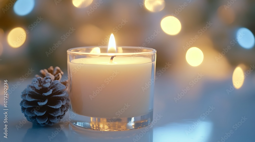 A single burning candle in a glass jar with a pine cone in the foreground, soft yellow and blue bokeh lights in the background. A single burning candle in a glass jar with a pine cone in the foreground, soft yellow and blue bokeh lights in the background.