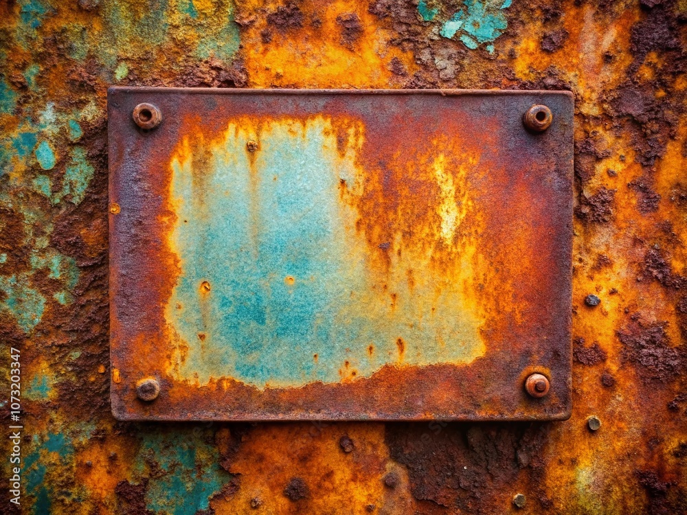 Weathered Metal Plate with Rusted Paint Surface Showcasing Unique Texture and Colors, Perfect for Industrial and Vintage Themes with Ample Copy Space for Design Needs Weathered Metal Plate with Rusted Paint Surface Showcasing Unique Texture and Colors, Perfect for Industrial and Vintage Themes with Ample Copy Space for Design Needs