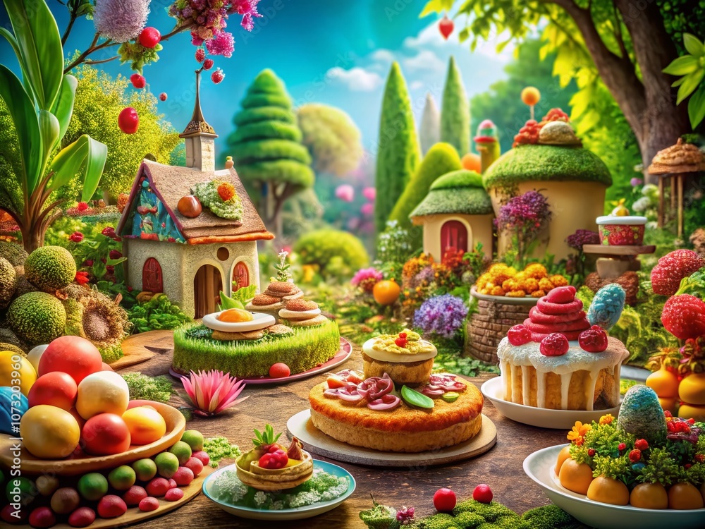 Whimsical Architectural Fantasy Surrounded by Vibrant Flora in a Colorful Dream Landscape Perfect for Food Photography Inspiration and Imaginative Culinary Creations Whimsical Architectural Fantasy Surrounded by Vibrant Flora in a Colorful Dream Landscape Perfect for Food Photography Inspiration and Imaginative Culinary Creations