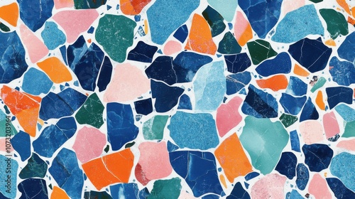 Vibrant terrazzo pattern featuring colorful fragments in blue, pink, green, and orange tones.