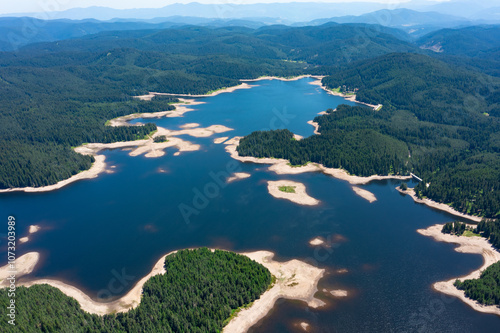 Drone photo of a large lake in Bulgaria