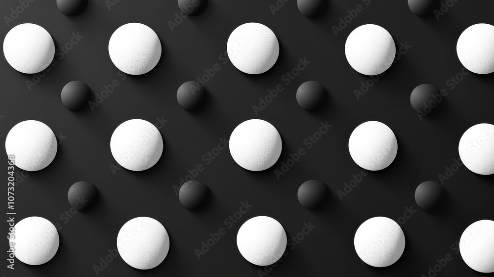 Abstract composition of black, white, and gray spheres creating a modern pattern with shadows. Abstract composition of black, white, and gray spheres creating a modern pattern with shadows.