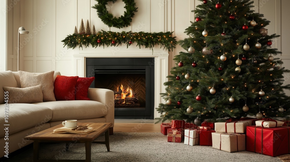 Create a cozy and festive holiday atmosphere with a beautifully decorated christmas tree and warm fireplace Create a cozy and festive holiday atmosphere with a beautifully decorated christmas tree and warm fireplace